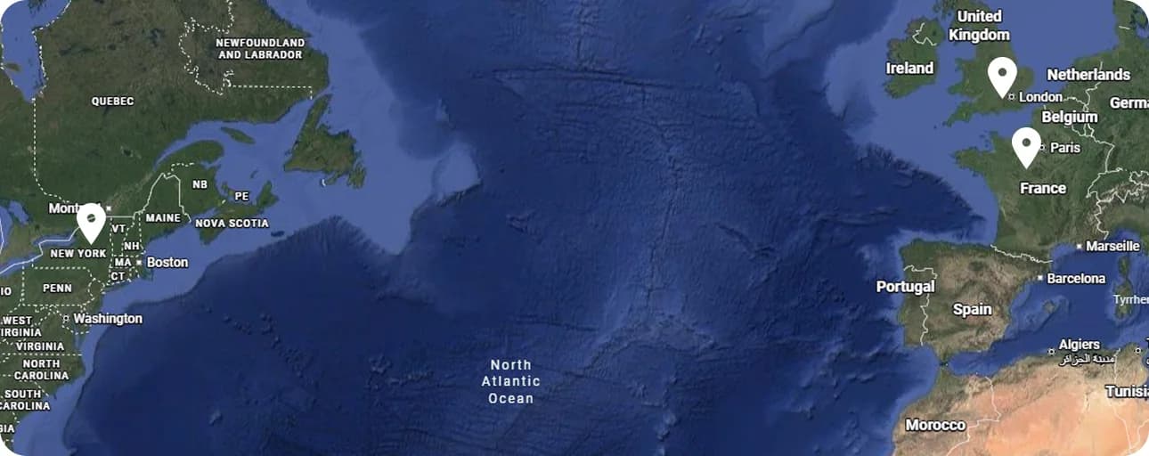 Map showing Guehi & Co offices in New York, France, and the United Kingdom