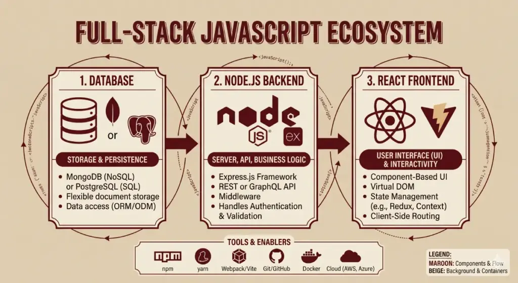 Infographie illustrant l'écosystème de la stack MERN avec MongoDB, le back-end Node.js et le front-end React