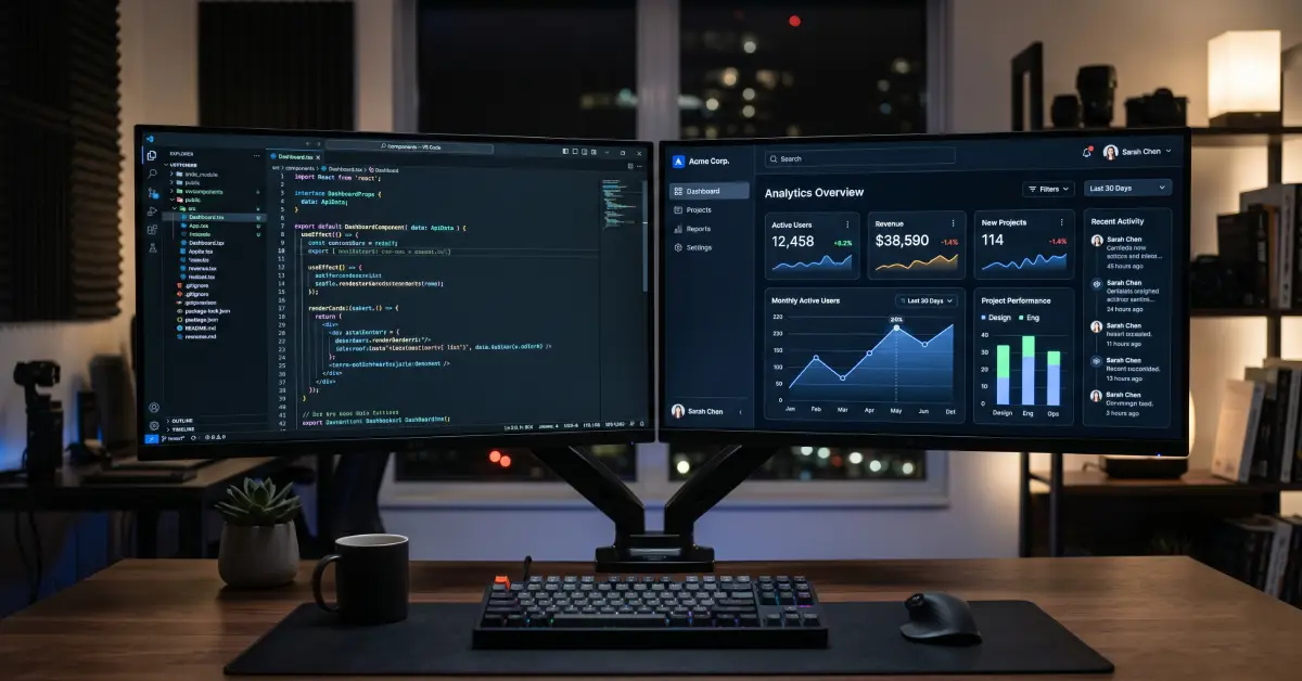Dual monitor setup displaying React code and a modern user interface dashboard for custom software